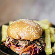 Pulled Pork And Coleslaw Salad Burger Sandwich With Fries Meal Poster