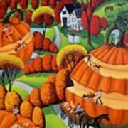 Pumpkin Harvest - Surreal Folk Art Landscape Poster