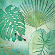 Rainforest Tropical - Philodendron Elephant Ear And Palm Leaves W Botanical Dragonfly 2 Poster