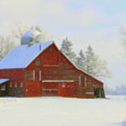Red Barn In The Snow Poster