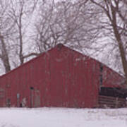 Red Barn Trees Snow Poster