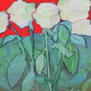 Red Night White Tea Roses Poster