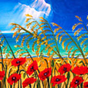 Red Poppies And Sea Oats By The Sea Poster