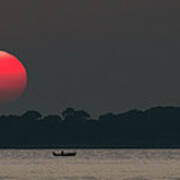 Red Sun At Sunset At Sea With Fishing Boat Poster