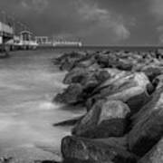 Rocks And Pier At Fort Desoto Park, Florida Blk Wht Poster