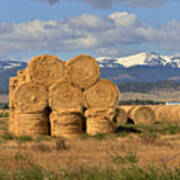 Round Hay Bales And Mountain Poster