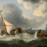 Sailboats And Fishing Boats In Rough Sea Poster