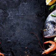 Seafood On Black Background Poster