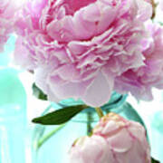 Shabby Chic Romantic Pink Peonies Aqua Mason Ball Jars - Cottage Summer Garden Peonies Decor Poster