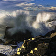Side Lit Wave Crashes Ashore At Quoddy Boldcoast Poster