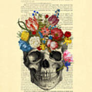 Skull With Flowers Vintage Illustration Poster