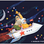 Soviet Astronaut Fly In Rocket Together With Santa Poster