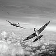 Spitfire Attacking Heinkel Bomber Black And White Version Poster