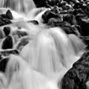 Spring Waterfall Over Mossy Rocks In Black And White Poster