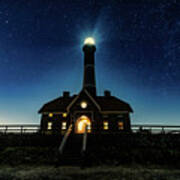 Stars At The Fire Island Lighthouse Lit Up At Night Poster