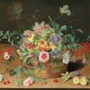 Still Life With A Basket Of Flowers And Fruit Poster