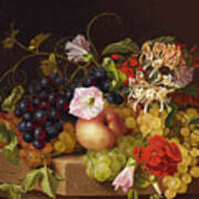 Still Life With Grapes Peaches And Flowers Poster