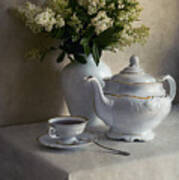 Still Life With White Tea Set And Bouquet Of White Flowers Poster