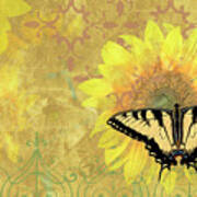 Sunflower Butterfly Yellow Gold Poster