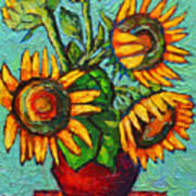 Sunflowers In Red Vase Original Oil Painting Poster