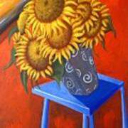 Sunflowers On Blue Table Poster