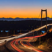 Sunset And Streaks Of Light - Narrows Bridges Tacoma Wa Poster