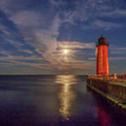 Supermoon Over The Red Lighthouse Poster