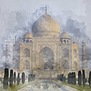 Taj Mahal Digital Watercolor On Photograph Poster