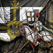 Teutonic Knight Rider On Horseback In Front Of The Teutonic Flag. Poster