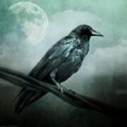 The Watcher Surreal Raven Crow Moon And Clouds Poster