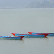 Three Blue Boats On Phewa Lake In Pokhara Poster