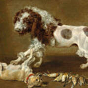 Three Dogs Playing, With Songbirds On The Floor Poster