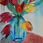 Tulips In A Blue Glass Vase Poster