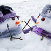 Two Cute Snowmen Friends Embracing Poster