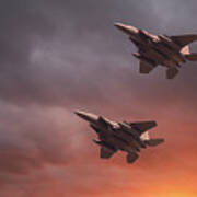 Two Low Flying F-15e Strike Eagles At Sunset Poster