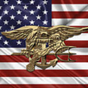 U.s. Navy Seals Trident Over U.s. Flag Poster