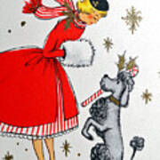Vintage Holiday Postcard, Woman With Her Dog Poster