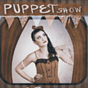 Vintage Pinup Girl Inside A Puppet Show Booth Poster