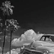 Vintage Plymouth Automobile In Black And White Against Palm Trees Poster