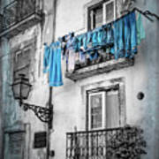 Washday Blues In Lisbon Portugal Black And White Poster