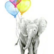 Watercolor Elephant With Heart Shaped Balloons Poster