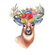 Watercolor Fairytale Stag With Crown Of Flowers Poster