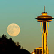 White Full Moon With Space Needle Poster