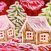 Winter Houses On Crimson, Painting Poster