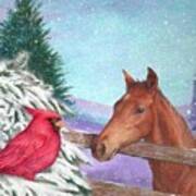 Winterscape With Horse And Cardinal Poster