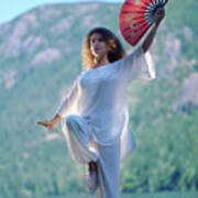Woman Practicing Tai Chi Crane Stance With A Fan At The Mountain Poster