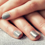 Woman's Nails With Shiny Silver Hybrid Manicure Poster