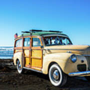 Woodie Parked On Cardiff-by-the-sea Beach Poster