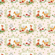 Woodland Fairy Tale - Pink Sweet Animals Fox Deer Rabbit Owl - Half Drop Repeat Poster