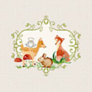 Woodland Fairytale - Grey Animals Deer Owl Fox Bunny N Mushrooms Poster